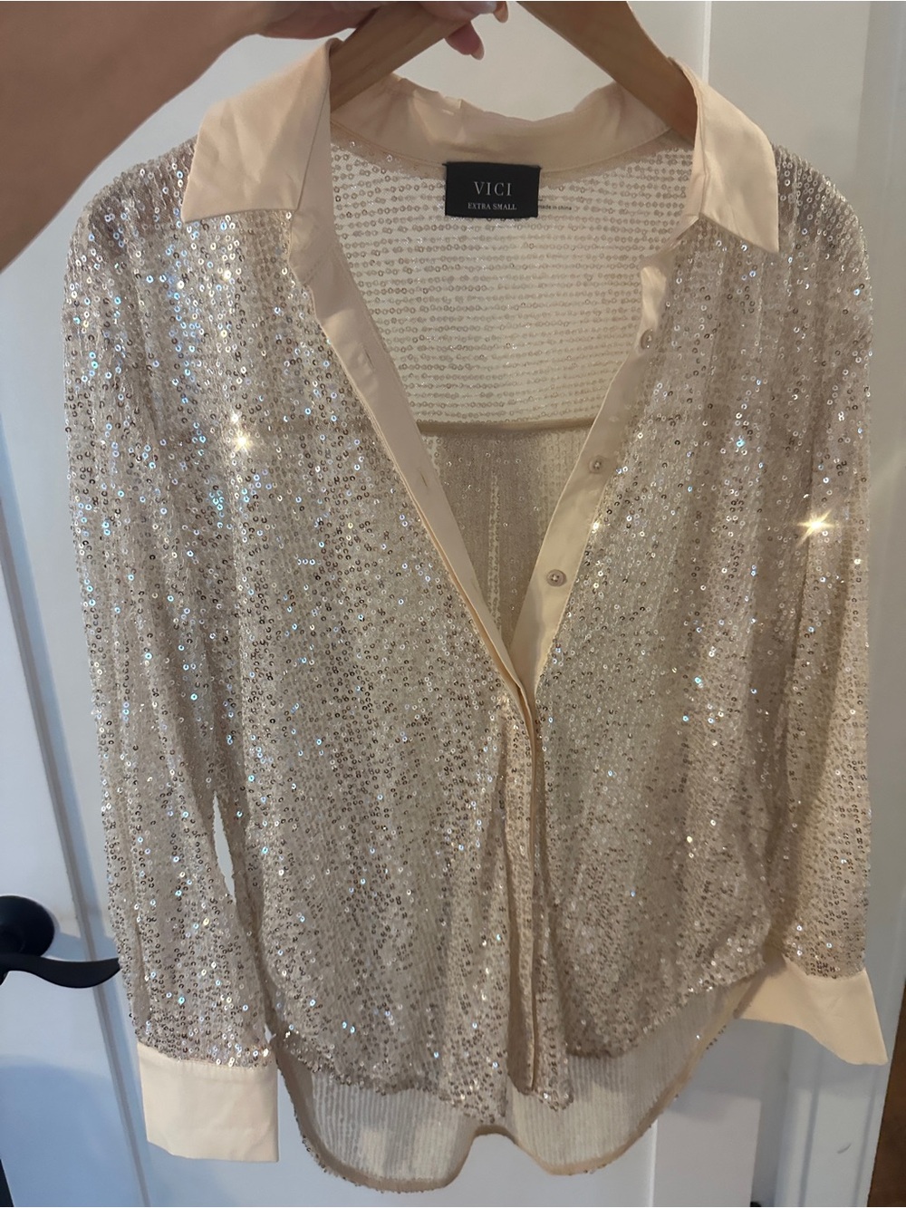 VICI Cream Sequin Collared Button-Up Blouse